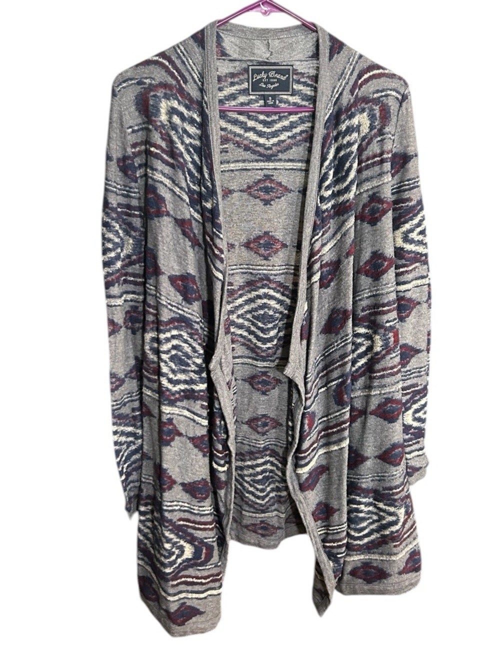Lucky Brand Gray Aztec Open-Front Cardigan with Maroon and Navy Accents